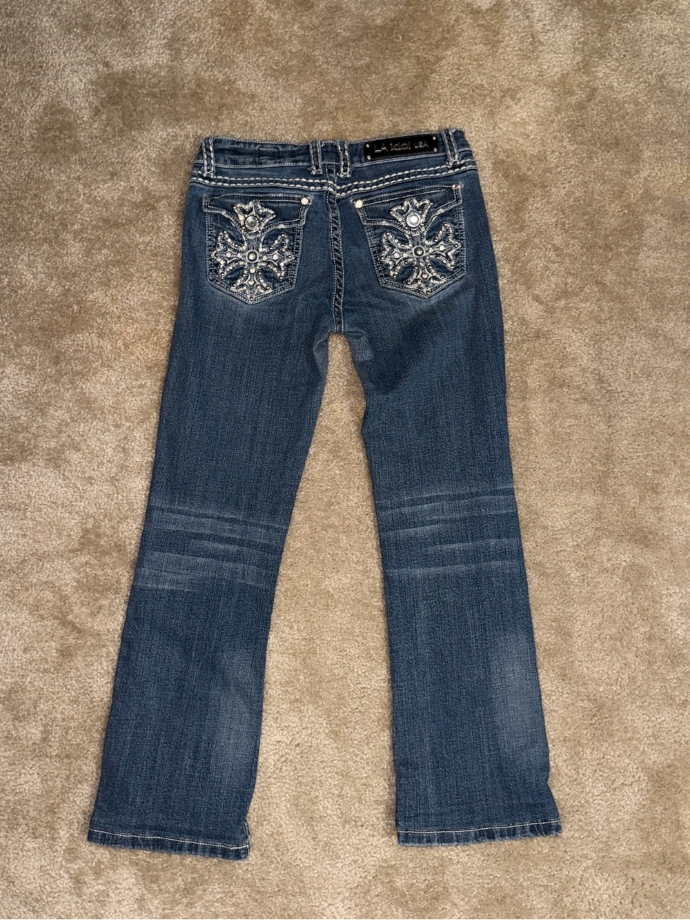 L.A. Idol USA Rhinestone Embellished Cross Pocket Bootcut Jeans Size 7 W30 L34
